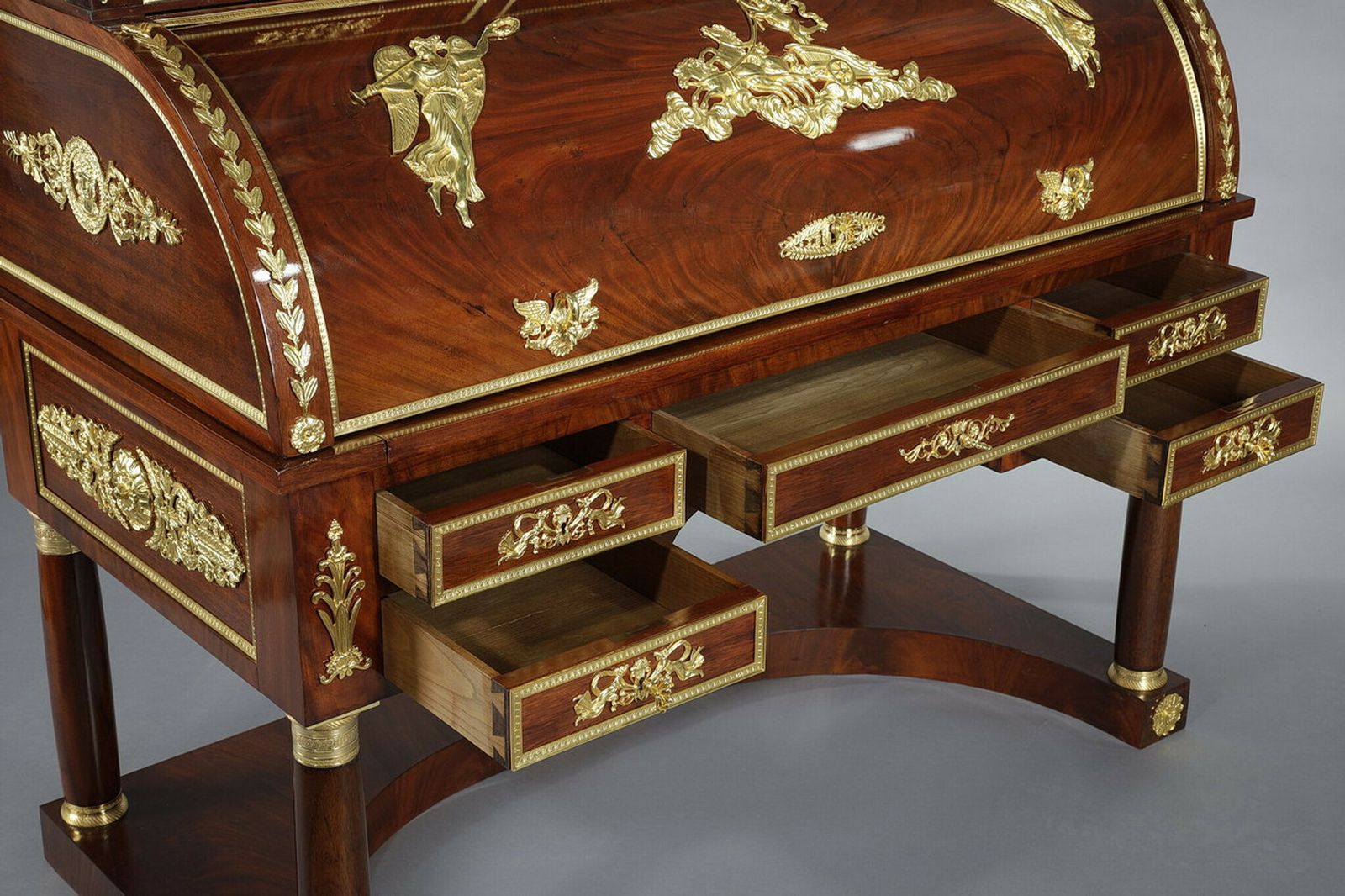 photo for sale Mahogany And Gilded Bronze Cylinder Desk, Empire Style, 19th Century