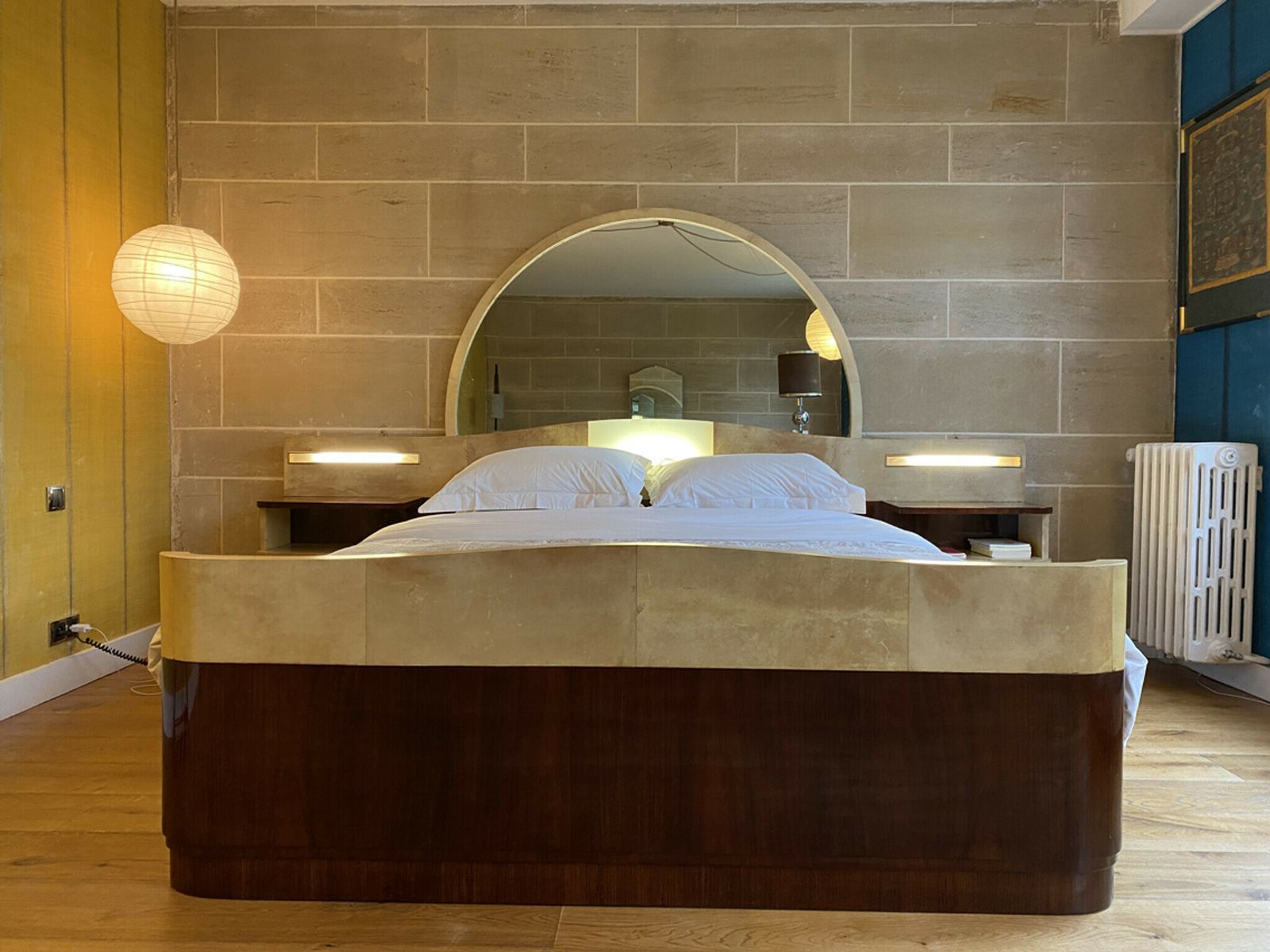 Large Bed With Integrated Bedside Tables In Rosewood And Parchment, Art Deco, 20th Century photo vinterior