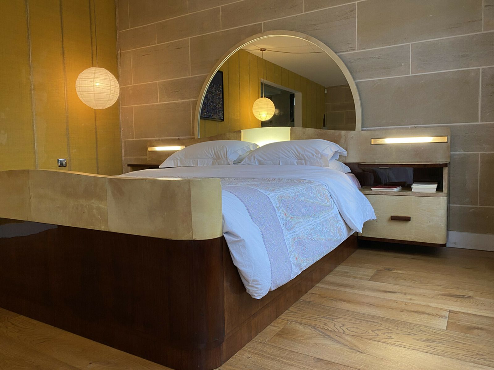 photo buy Large Bed With Integrated Bedside Tables In Rosewood And Parchment, Art Deco, 20th Century