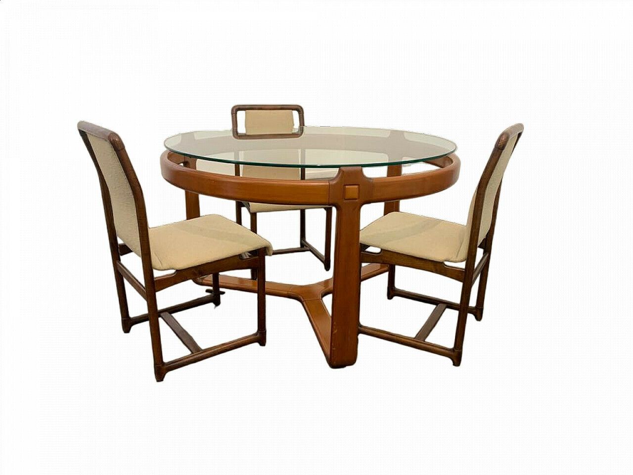 3 Chairs And Round Table In Wood And Glass, 1960s