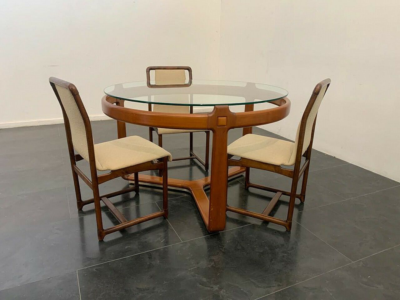 3 Chairs And Round Table In Wood And Glass, 1960s photo furniture