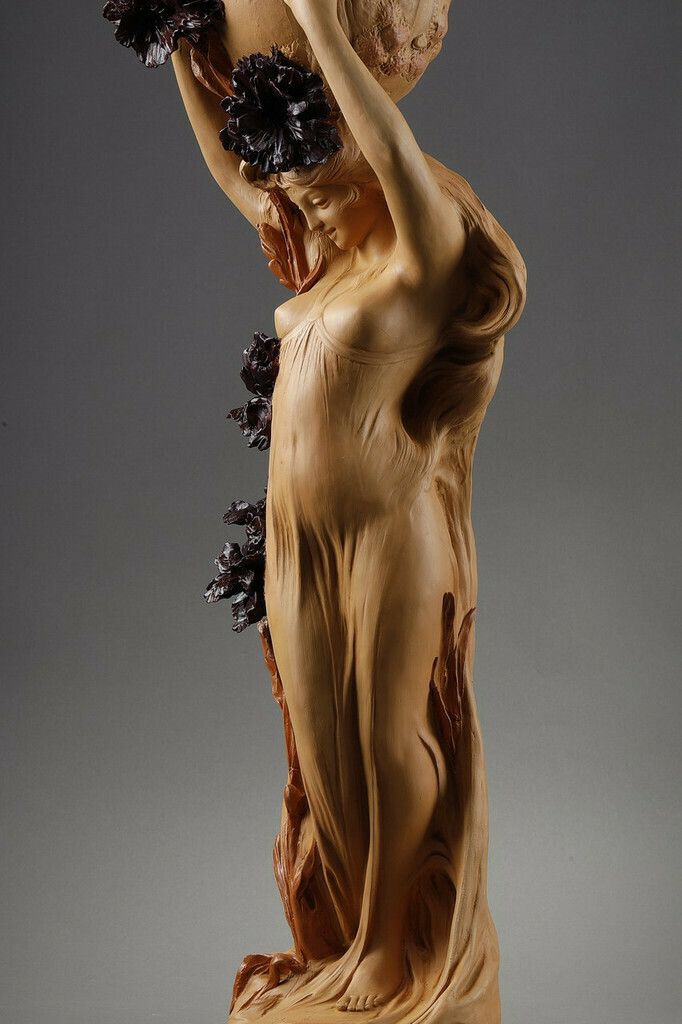 photo furniture Polychrome Terracotta Sculpture, "Woman With A Basket" Signed Capaldo, 20th Century