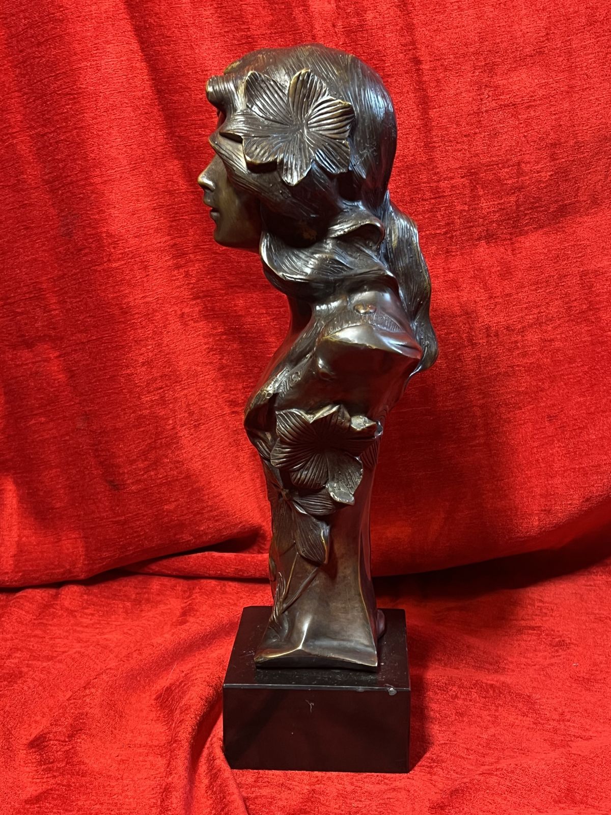 Art Nouveau Mucha Bronze Idealised Female Bust With Floral Motifs Set Upon Black Marble Base photo buy