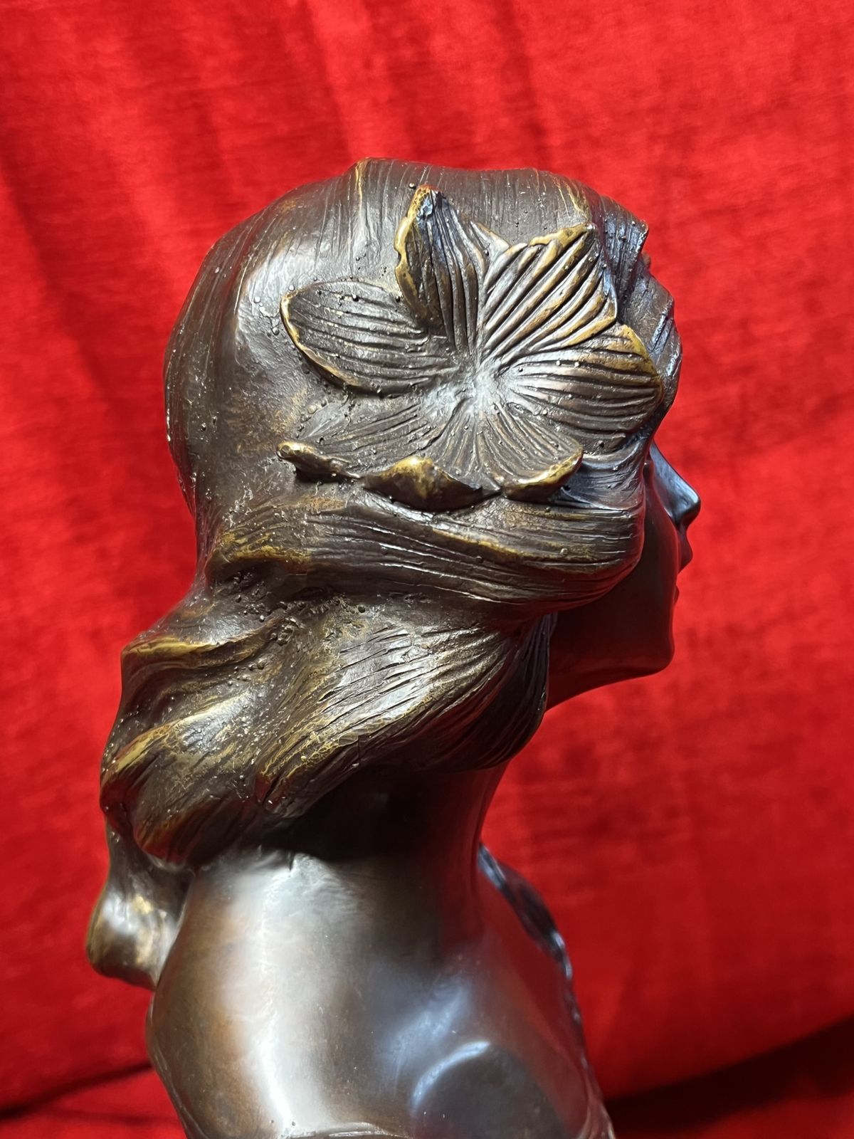 Art Art Nouveau Mucha Bronze Idealised Female Bust With Floral Motifs Set Upon Black Marble Base photo