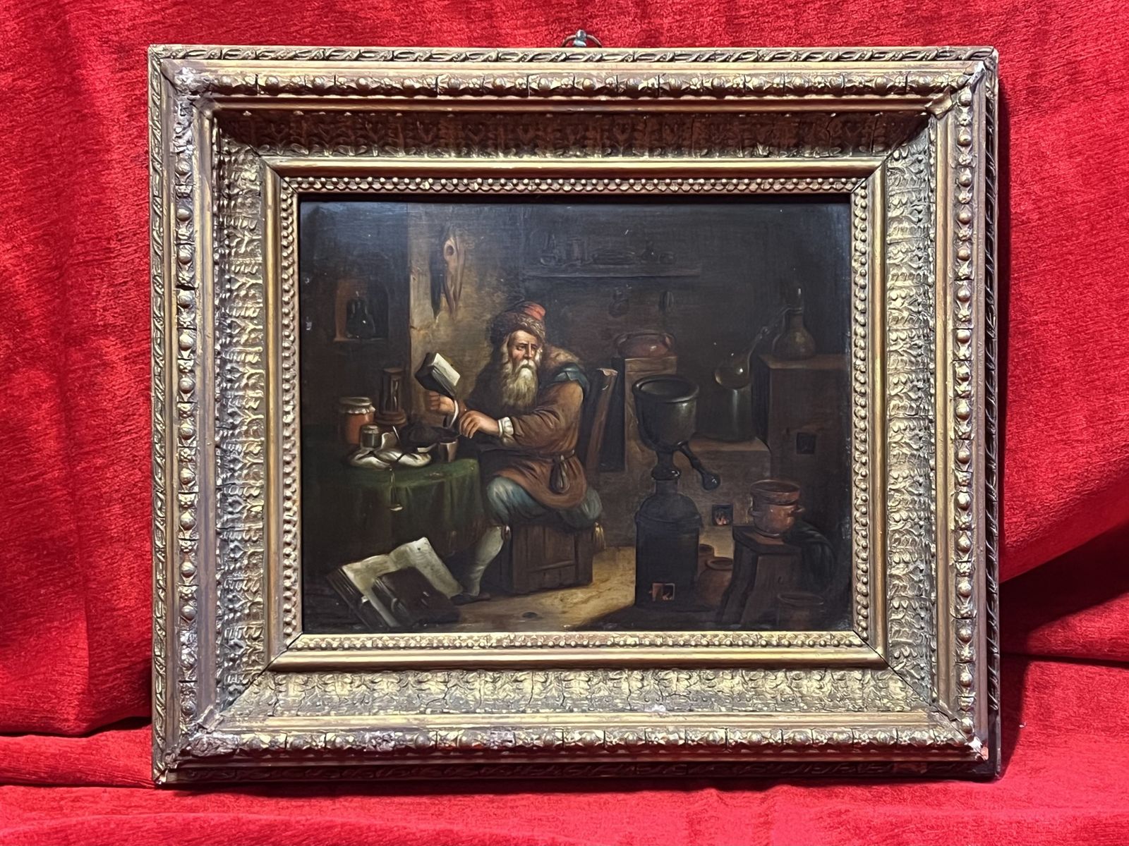 Fine Art Early 19th Century Dutch School Circle Of David Teniers The Younger Titled 'The Alchemist' Oil Painting Upon Copperl Panel