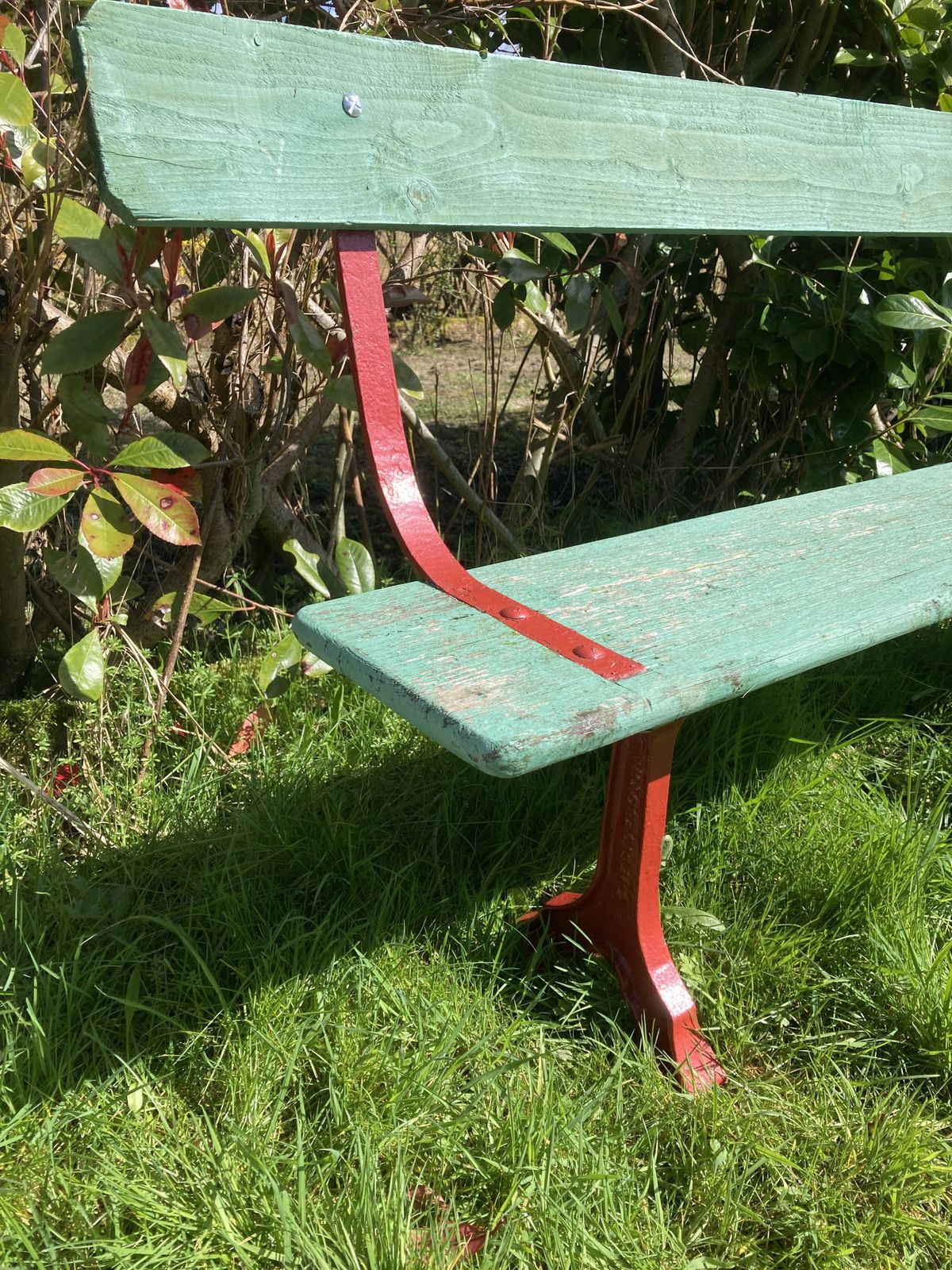 Retro Green And Red Garden Bench (C.H Side Botham) photo vinterior