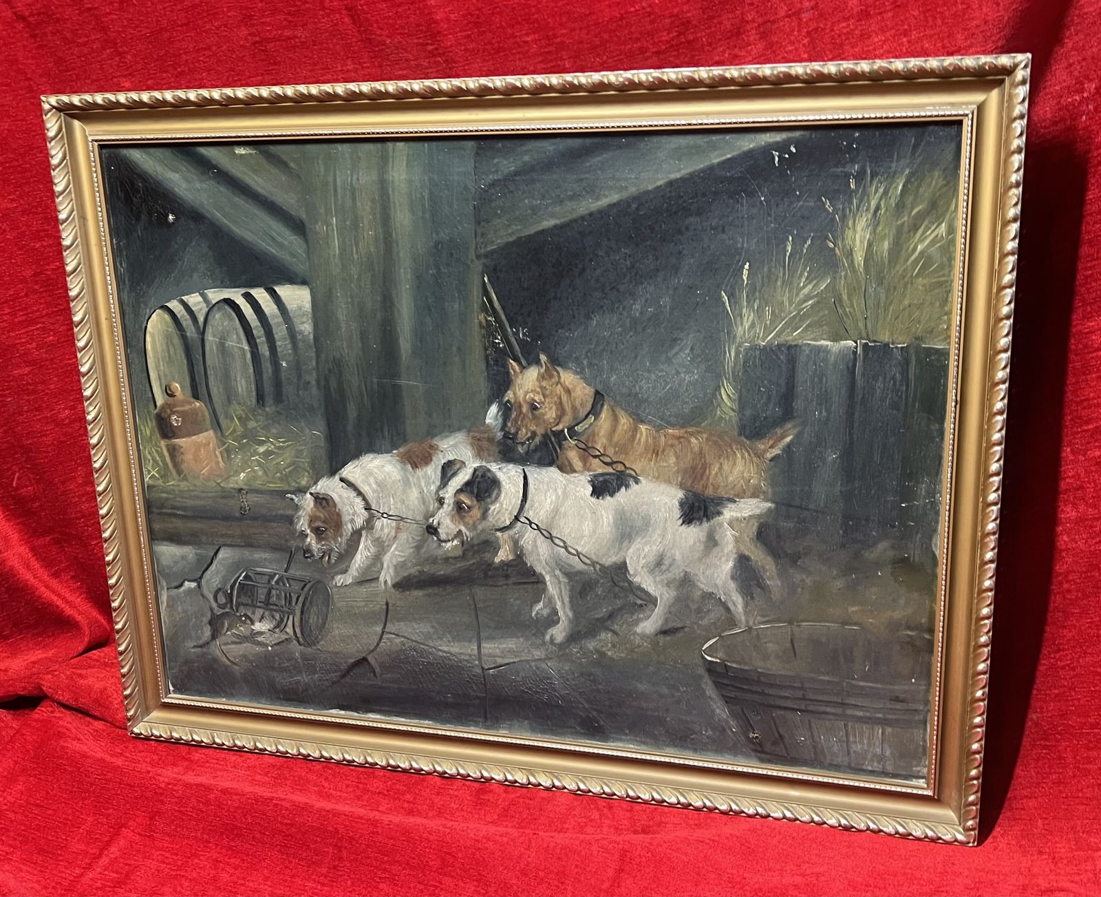 British 19th Century Oil Painting 'Terriers In Baited Breath' In The Manner Of British Artist Robert Cleminson photo vinterior