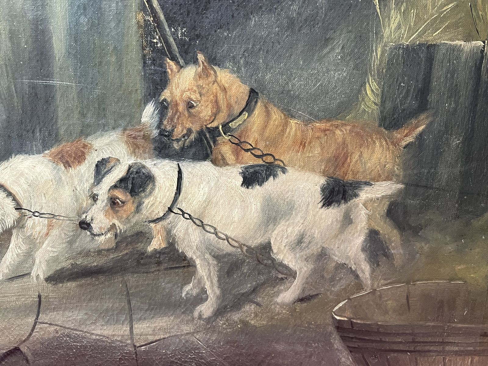 photo for sale British 19th Century Oil Painting 'Terriers In Baited Breath' In The Manner Of British Artist Robert Cleminson