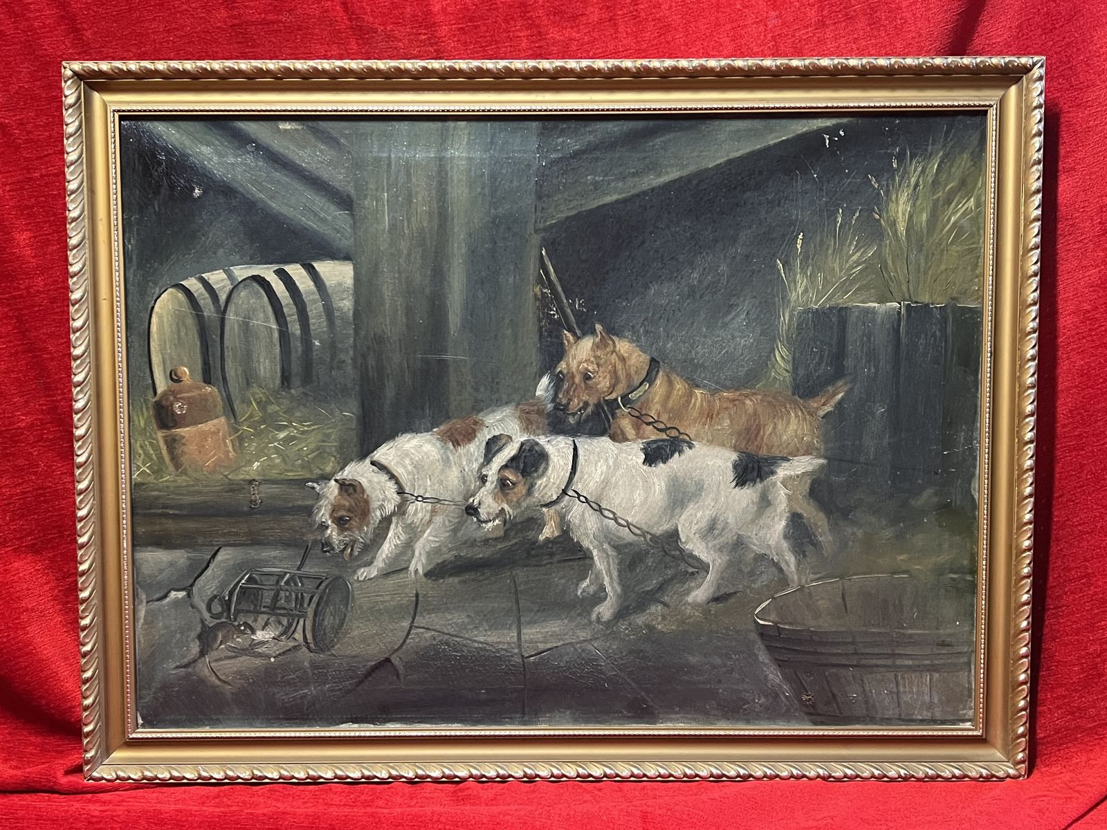 British 19th Century Oil Painting 'Terriers In Baited Breath' In The Manner Of British Artist Robert Cleminson