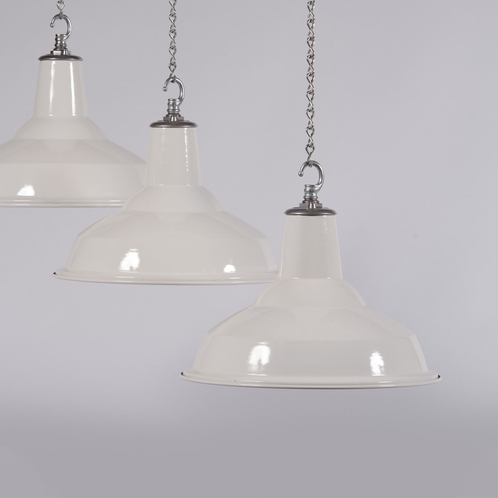 Pair Of Reclaimed White Enamel Industrial Pendants By Benjamin Electric photo furniture