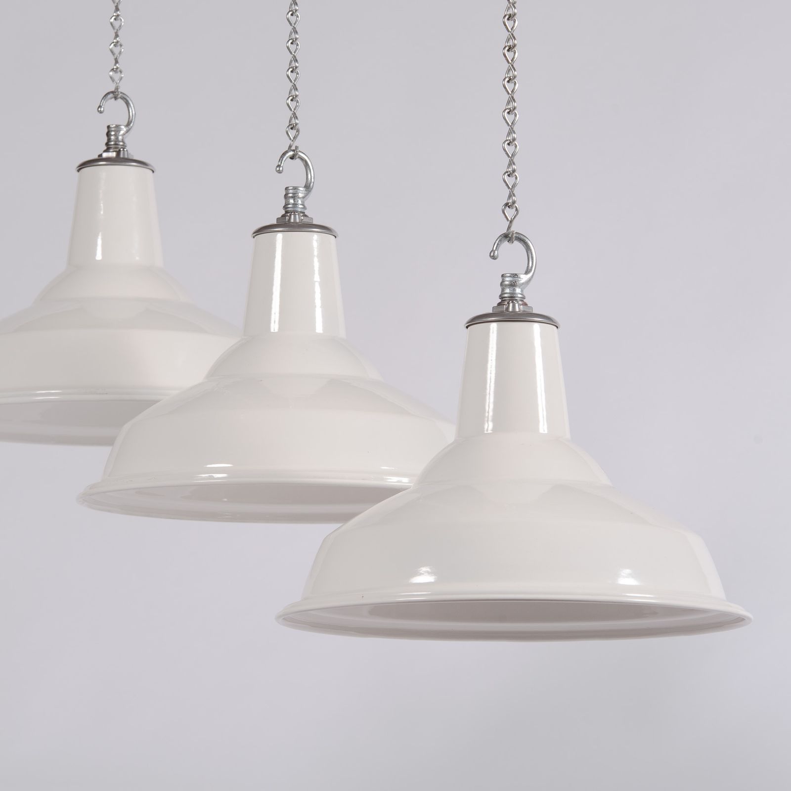 Pair Of Reclaimed White Enamel Industrial Pendants By Benjamin Electric photo 390.0