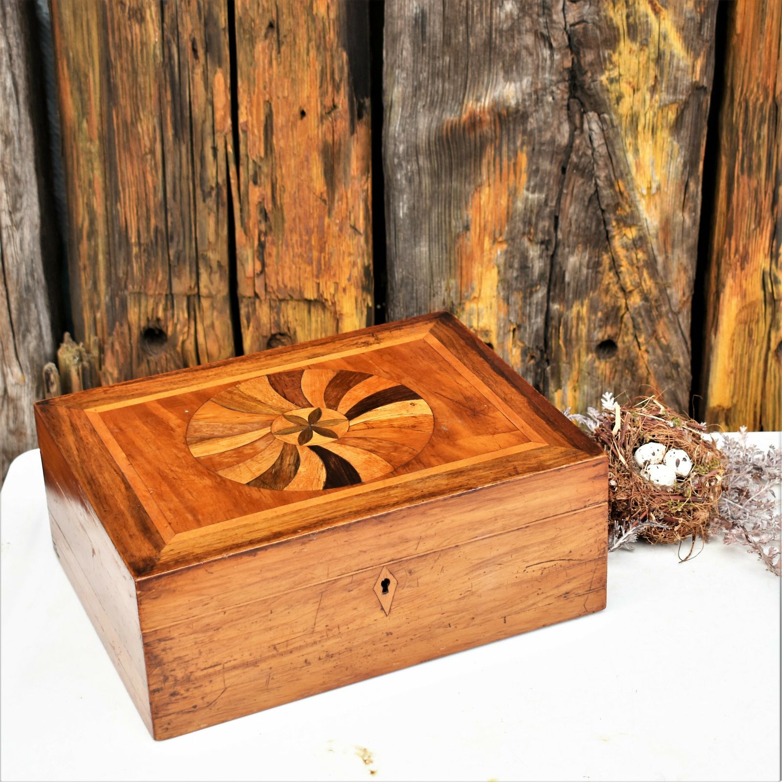 Antique Victorian English Marquetry Specimen Fruit Wood Sewing Jewellery Box
