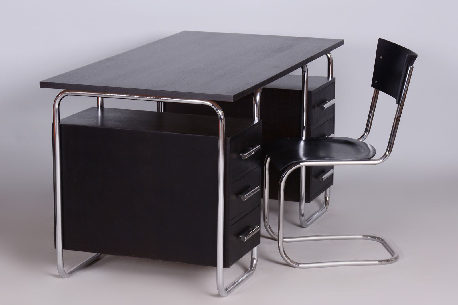 Bauhaus Writing Desk And Chair, Rober Slezak, Chrome Plated Steel, Lacquered Wood, Czechia, 1930s photo buy