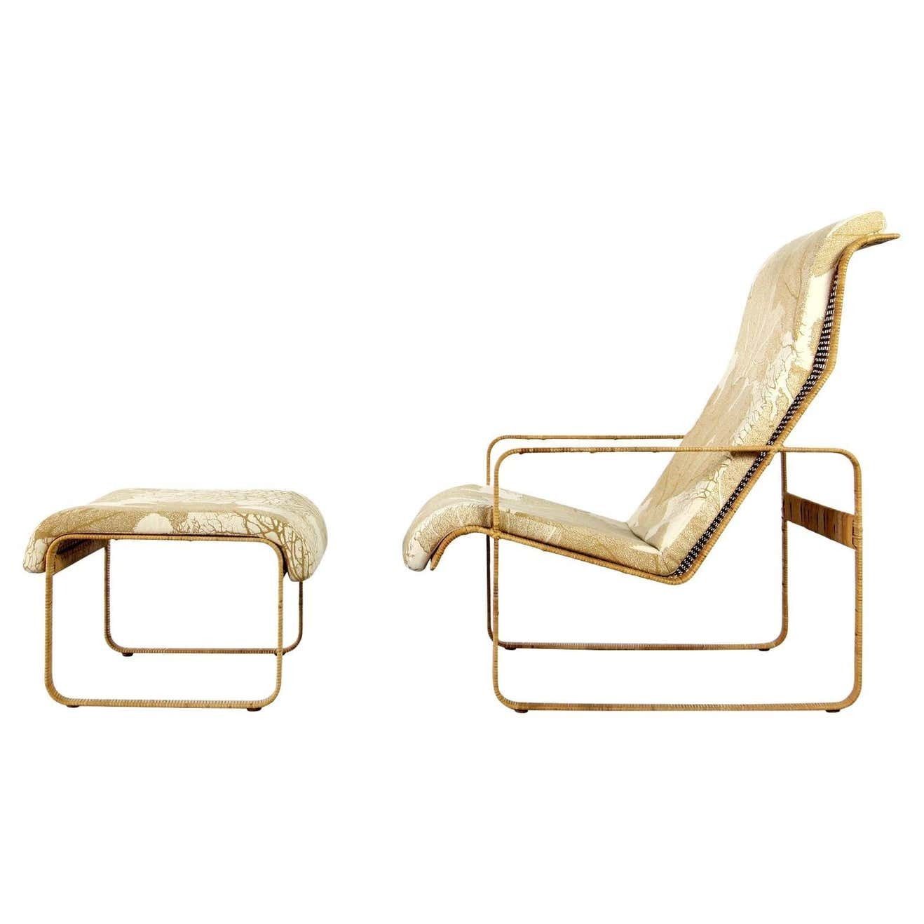 Mid Century Lounge Chair And Stool Kill International Made Of Steel And Rattan