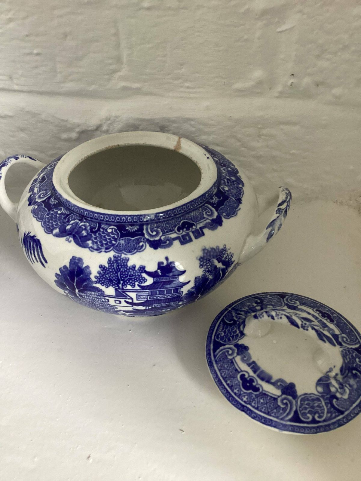 Antique W Ridgeway Semi China Willow Blue And White Sugar Bowl Lidded Pot Willow Blue Early Example 1850 1899 photo for sale