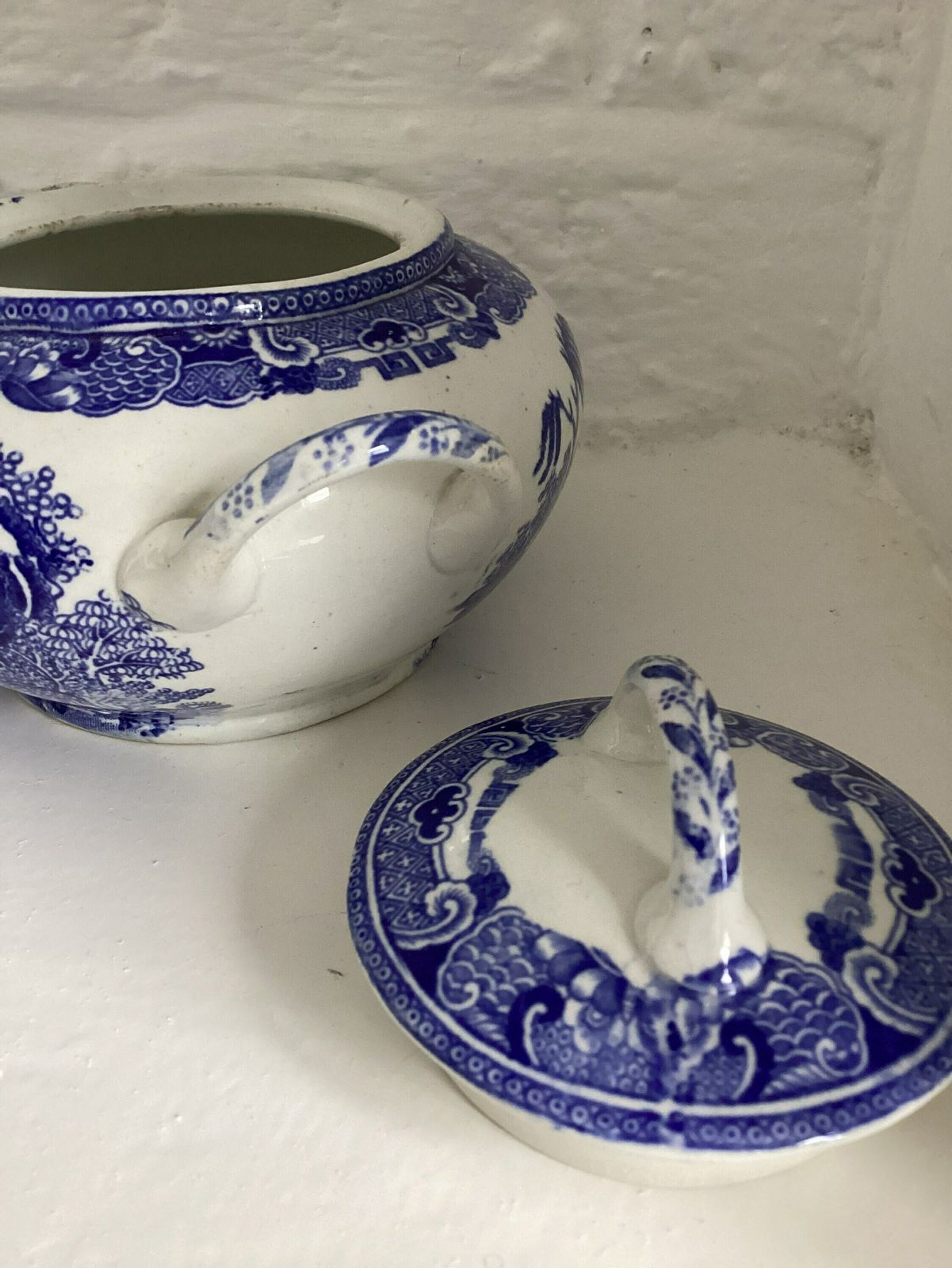 Antique W Ridgeway Semi China Willow Blue And White Sugar Bowl Lidded Pot Willow Blue Early Example 1850 1899 photo vinterior