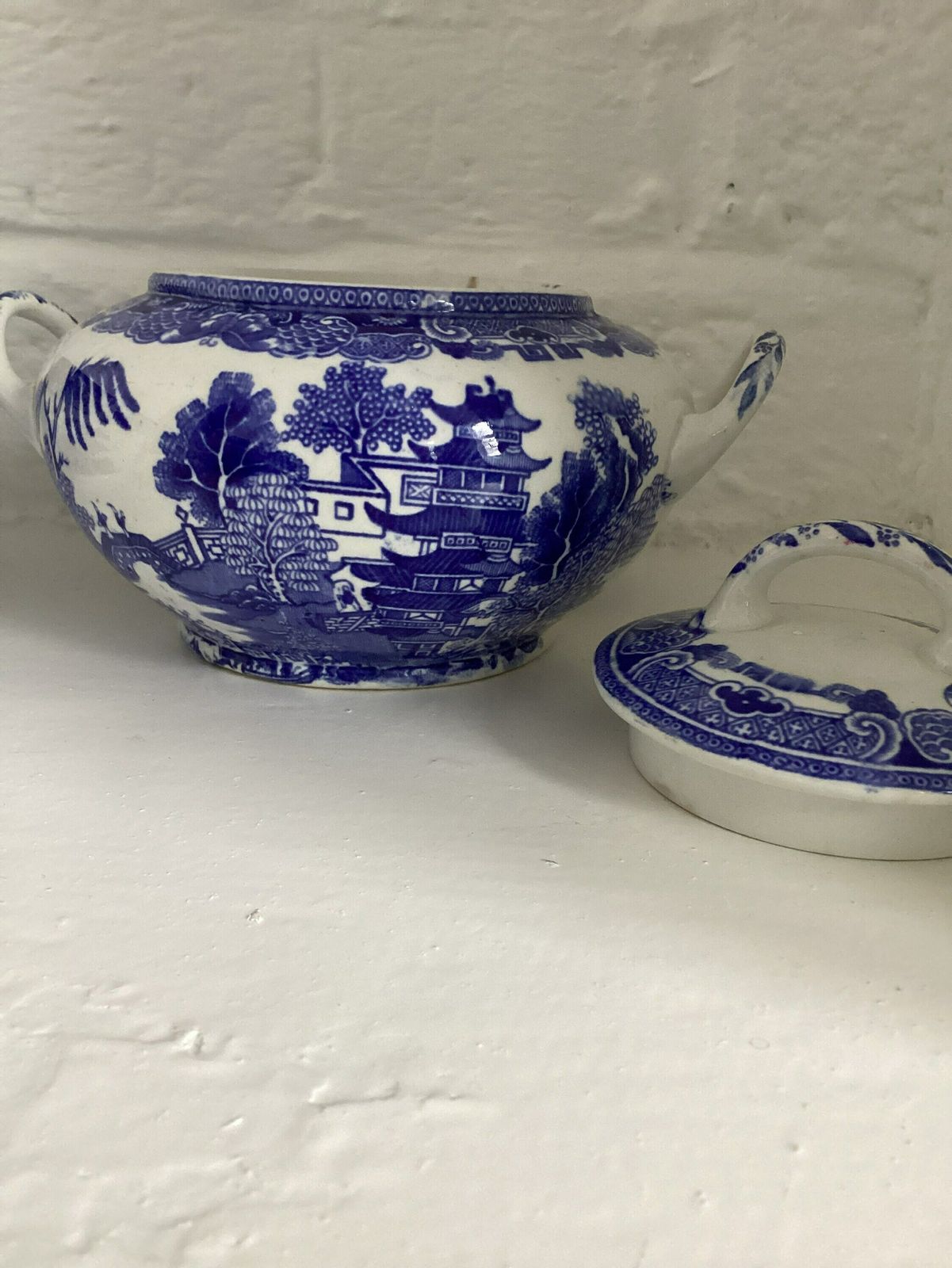 Antique W Ridgeway Semi China Willow Blue And White Sugar Bowl Lidded Pot Willow Blue Early Example 1850 1899 photo buy