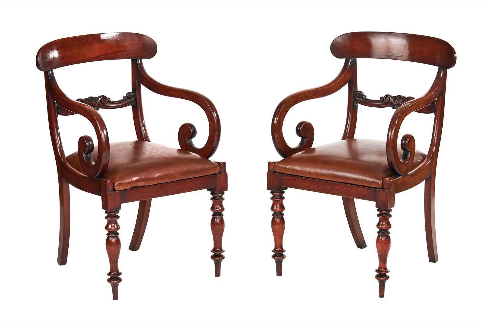 Pair Early Victorian Mahogany Elbow Chairs