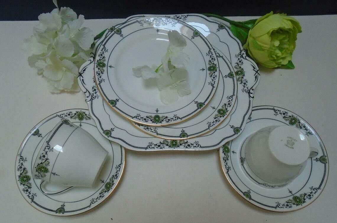 Antique Aynsley White Porcelain Tea Or Coffee Set 2 Demitasse Cups Saucers Tea Plates 1 Cake Serving Plate Black And Green Accents photo Home Decor
