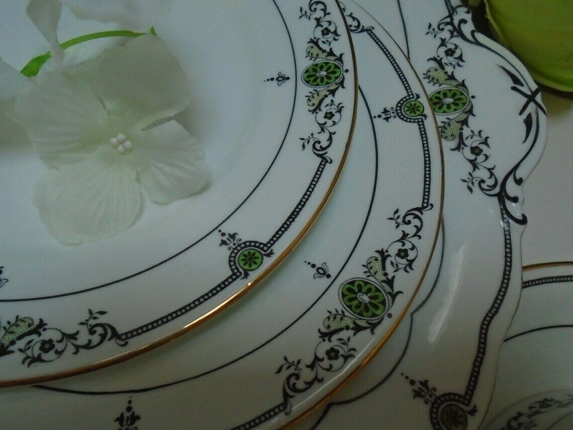 Antique Aynsley White Porcelain Tea Or Coffee Set 2 Demitasse Cups Saucers Tea Plates 1 Cake Serving Plate Black And Green Accents photo vinterior