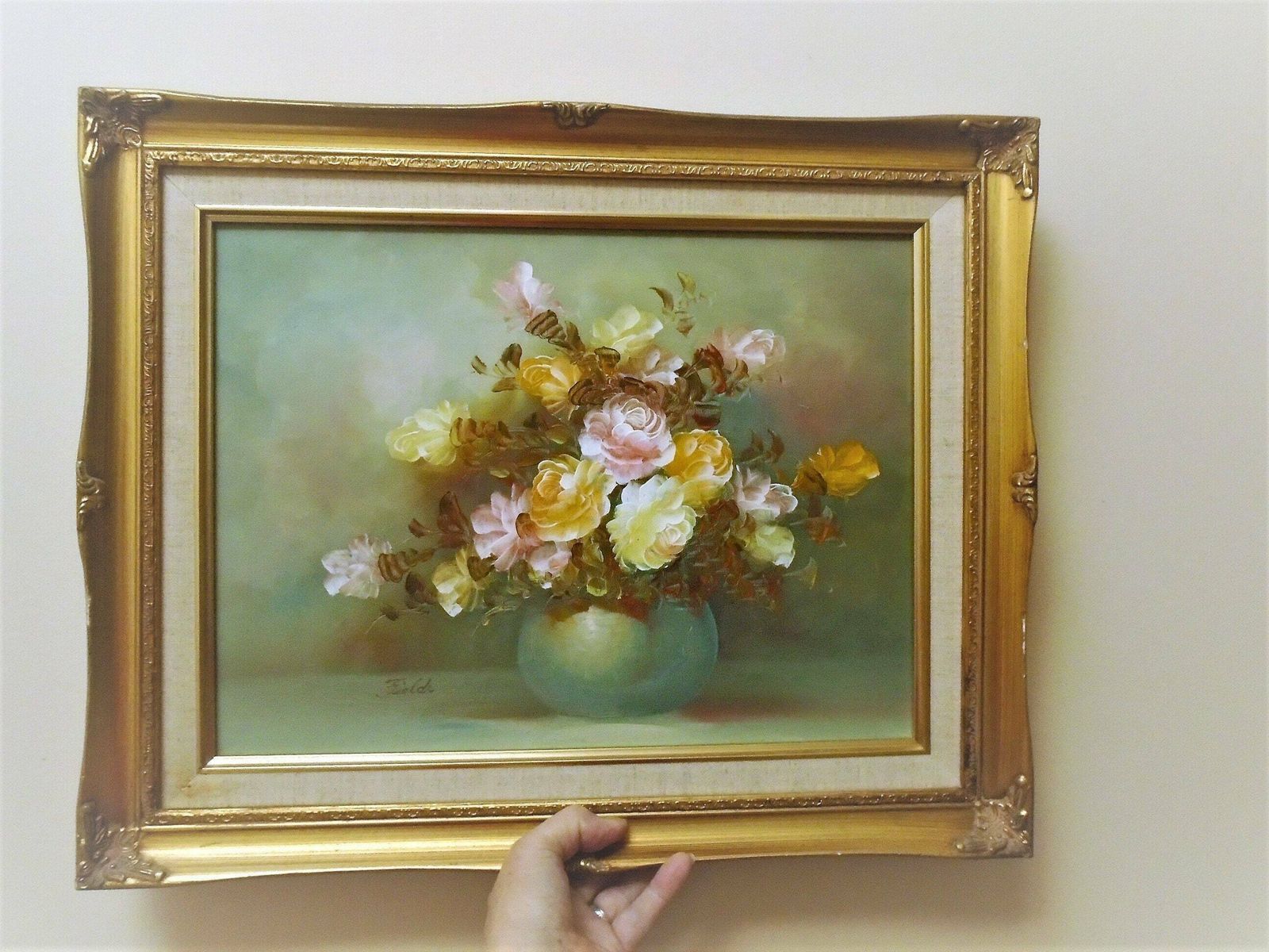 Vintage Original Gilt Framed Still Life Floral Oil Painting Signed By Artist 'Fields', Pastel Rose Wall Art