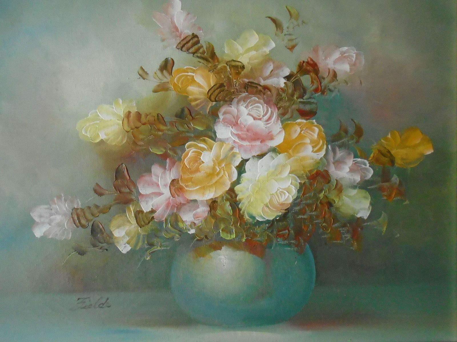 Vintage Original Gilt Framed Still Life Floral Oil Painting Signed By Artist 'Fields', Pastel Rose Wall Art photo furniture