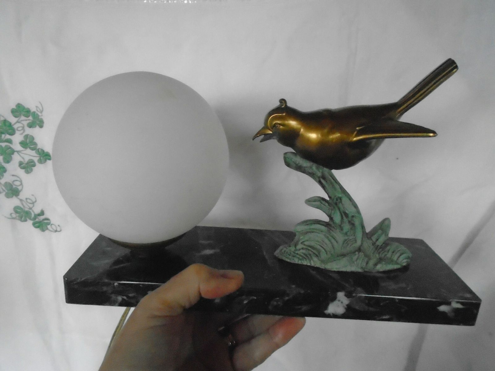 Vintage Art Deco French Marble, Brass And Glass Table Lamp, Gold Brass Bird And White Globe Shade photo vinterior