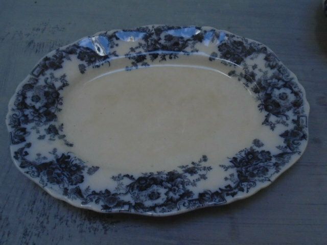 Antique Adderley English White And Blue Floral Ironstone Serving Plate, Oval Dish, Eton Indigo Blue photo vintage