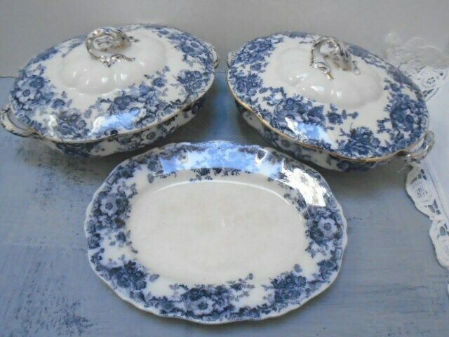photo for sale Antique Adderley English White And Blue Floral Ironstone Serving Plate, Oval Dish, Eton Indigo Blue
