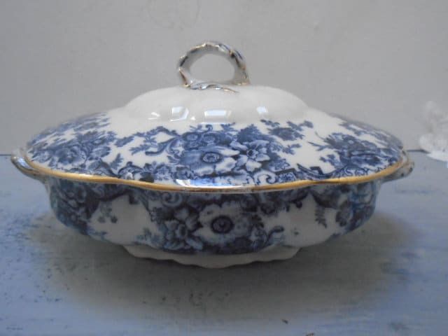 Antique Adderley English White And Blue Floral Ironstone Tureen, Oval Lidded Serving Dish, Eton Indigo Blue