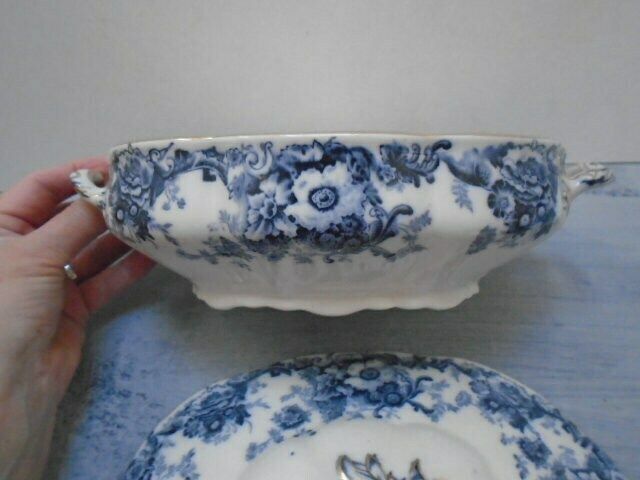 Antique Adderley English White And Blue Floral Ironstone Tureen, Oval Lidded Serving Dish, Eton Indigo Blue photo 87.0