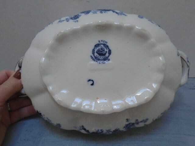 Antique Adderley English White And Blue Floral Ironstone Tureen, Oval Lidded Serving Dish, Eton Indigo Blue photo vinterior