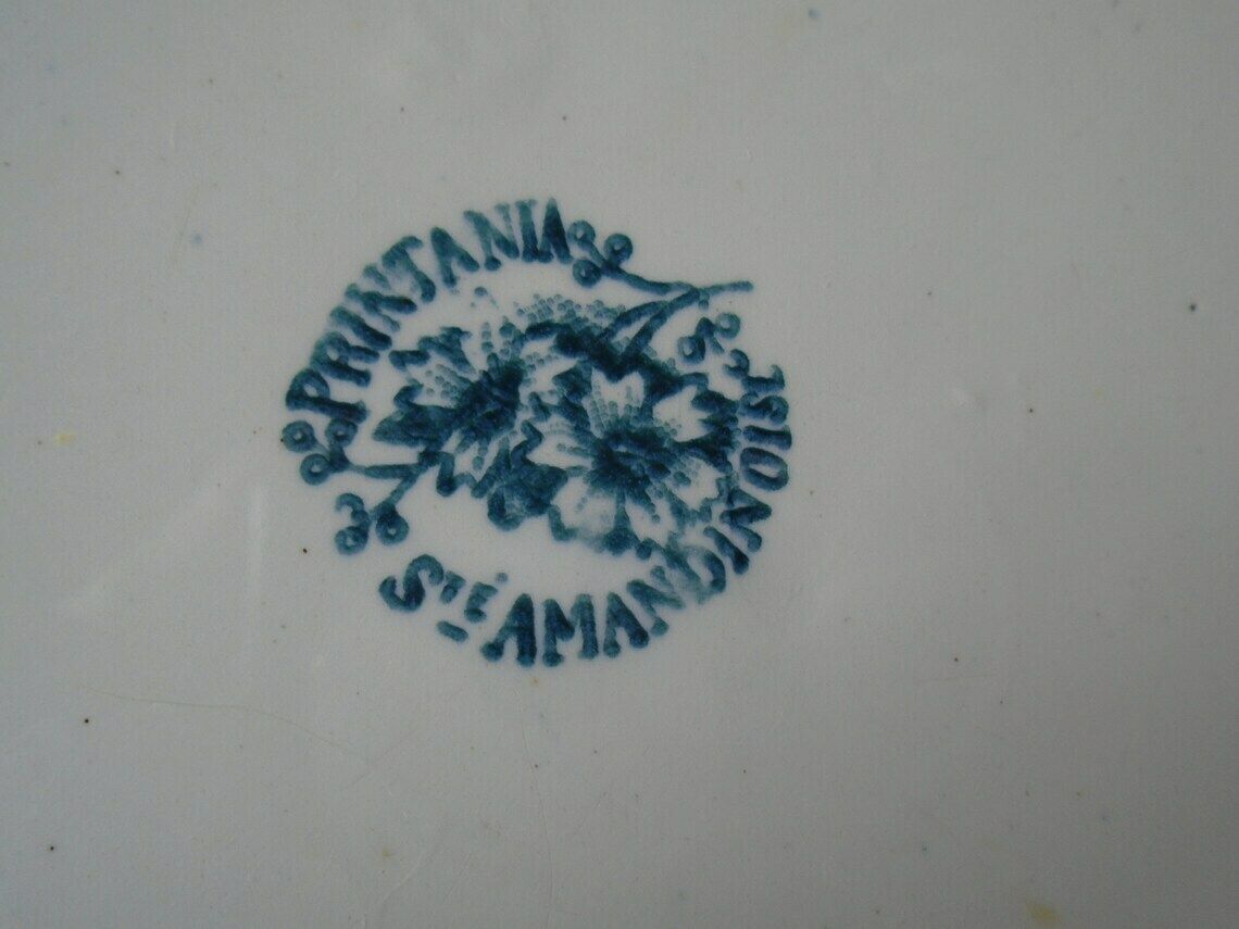 Antique French Ironstone Cream And Green Blue Transferware Serving Dish St. Amandinoise Printania photo vinterior