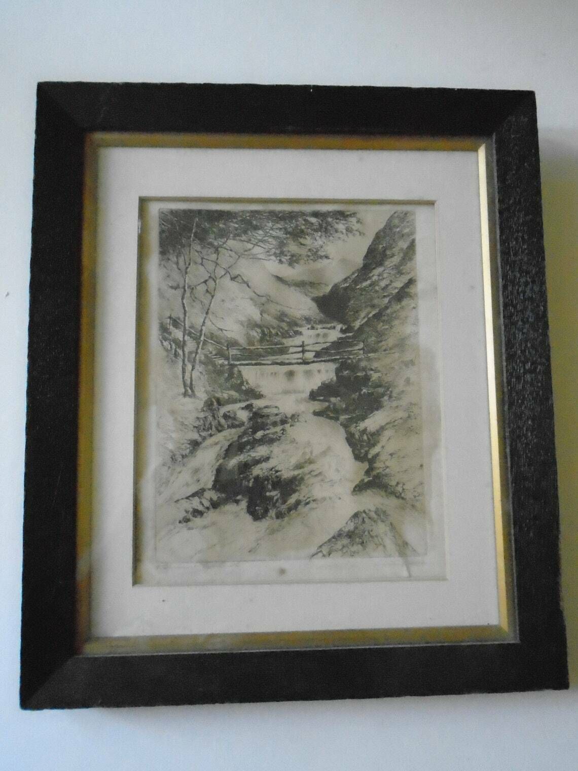 Framed Antique Black And White Lithograph Entitled Watersmeet Lynmouth Signed By Artist England photo vinterior