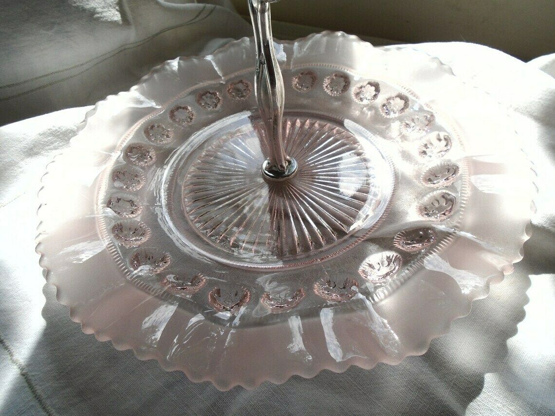 Beautiful French Vintage Pale Pink Depression Glass Cake Or Sandwich Stand photo Home Decor