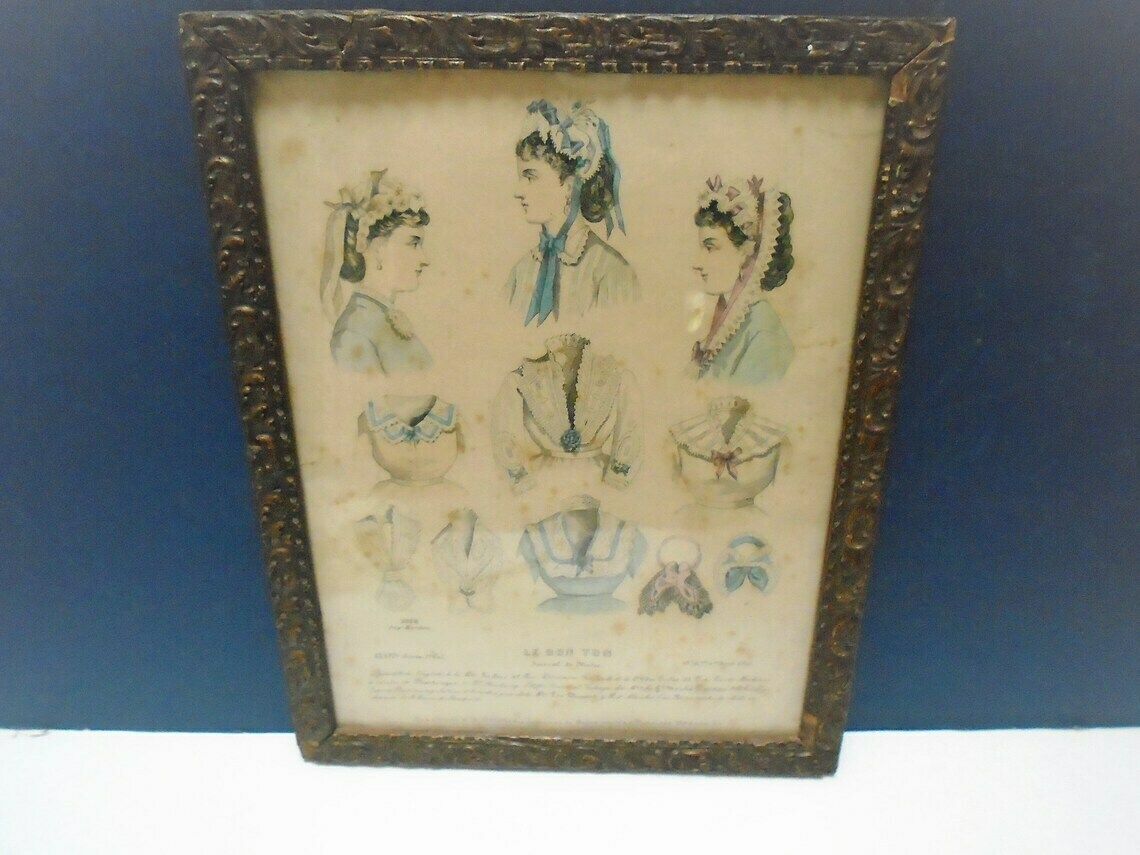 Antique French Framed Fashion Print 1920s A La Mode Ladies In Hats
