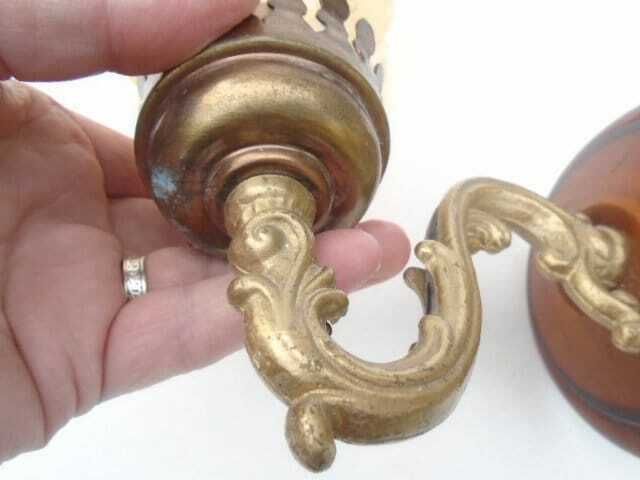 Vintage French Brass Wall Sconce With Pale Orange Glass Glass Shade, Electric Wall Lamp photo 88.0