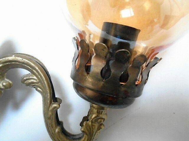 Vintage French Brass Wall Sconce With Pale Orange Glass Glass Shade, Electric Wall Lamp photo vinterior