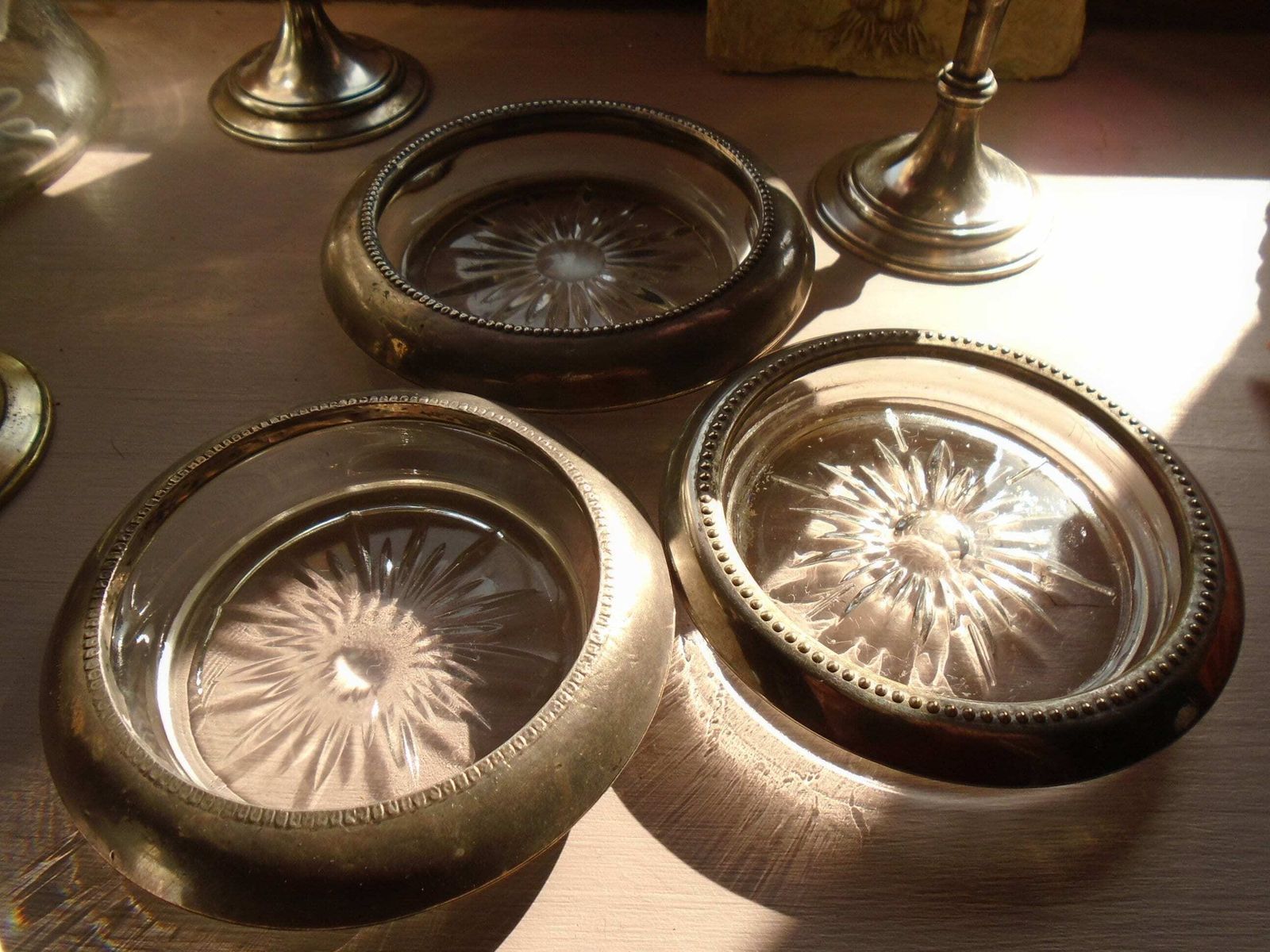 photo furniture Vintage Silver Plated Glass Coaster Set, Wine Bottle And Glasses Coasters, Starburst Glass Coasters