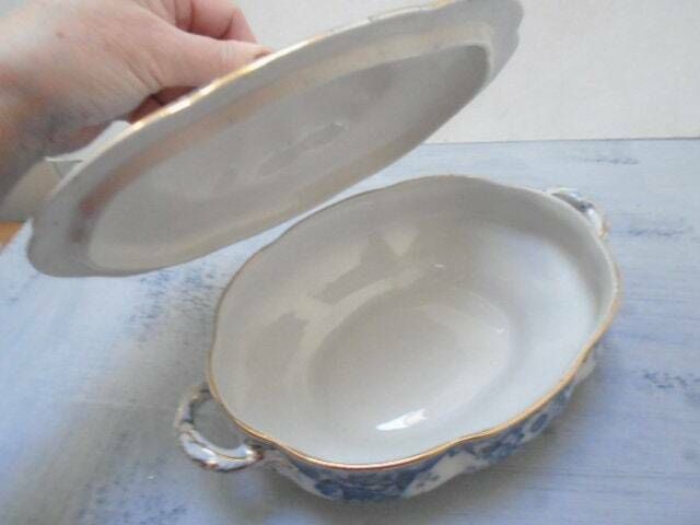 Antique Adderley English White And Blue Floral Ironstone Tureen, Oval Lidded Serving Dish, Eton Indigo Blue photo buy