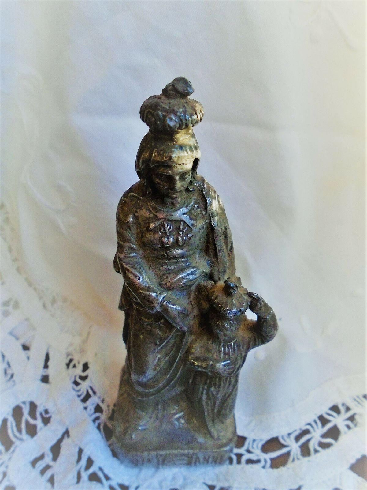 Antique French Bronze Cast St. Anne Statue, With The Child Jesus, St. Anne D'auray, Crowned Religious Figure photo buy