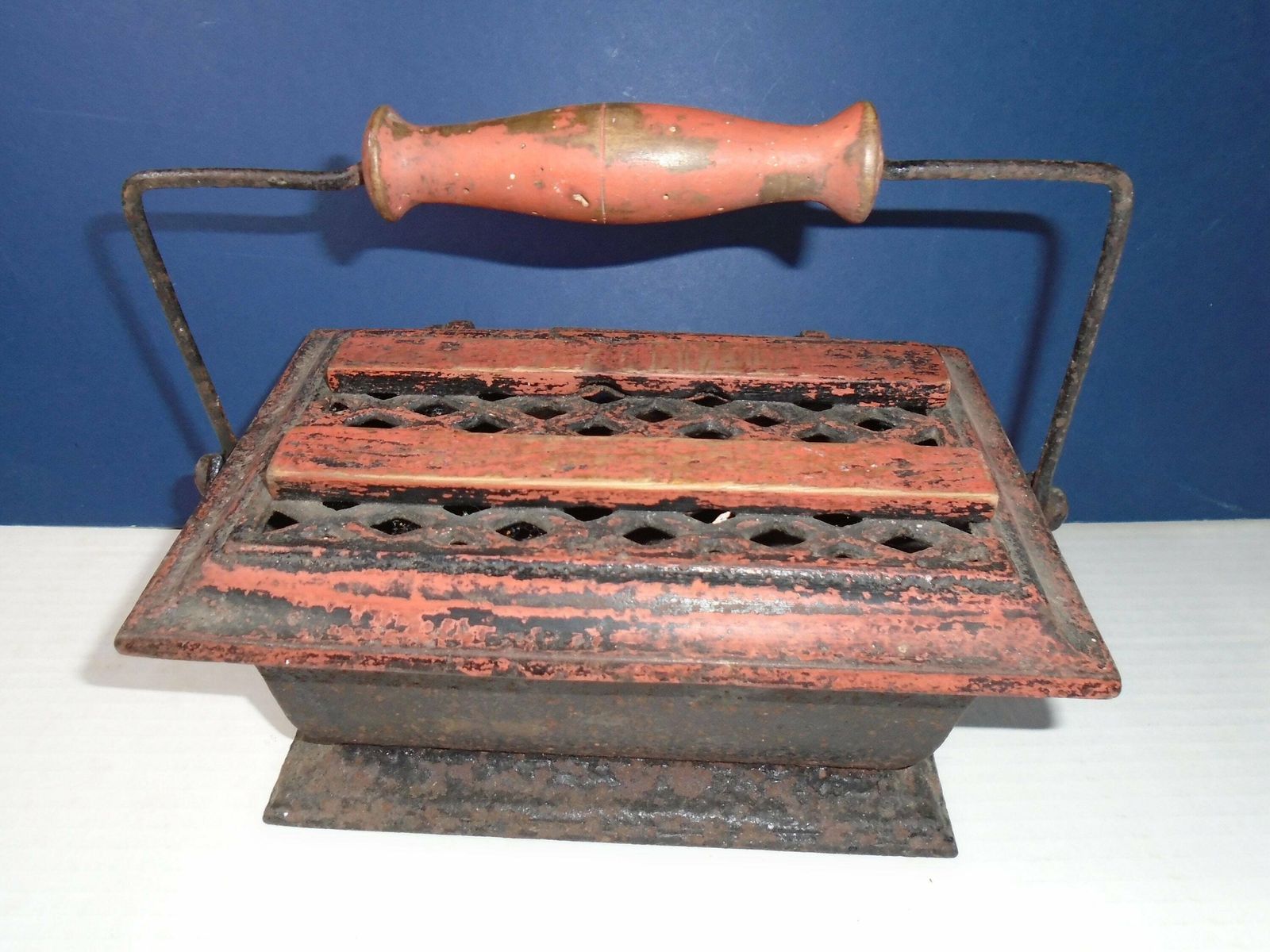 Antique French Enameled Cast Iron Foot Warmer, Kitchen Trivet, Fireplace Decor, Rustic Planter