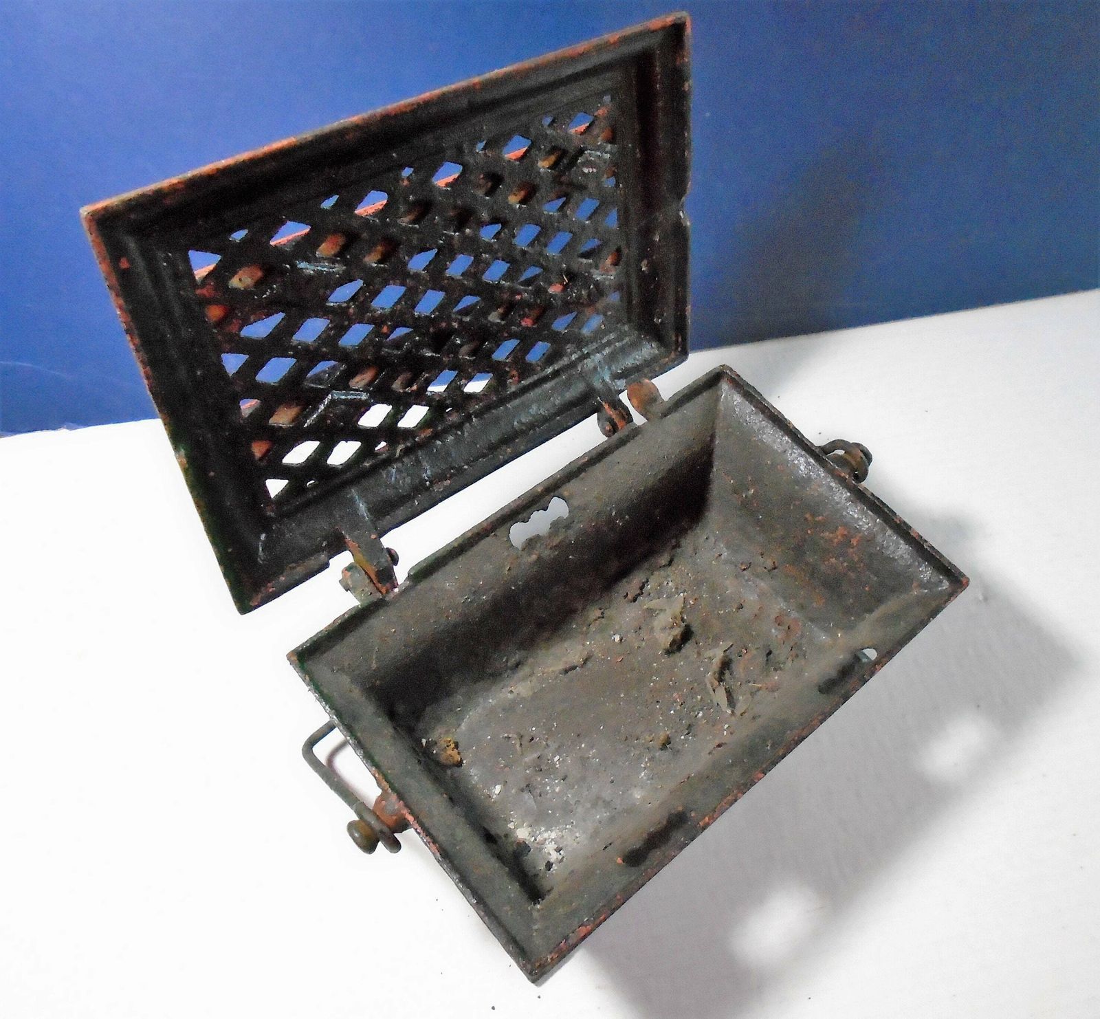Antique French Enameled Cast Iron Foot Warmer, Kitchen Trivet, Fireplace Decor, Rustic Planter photo buy