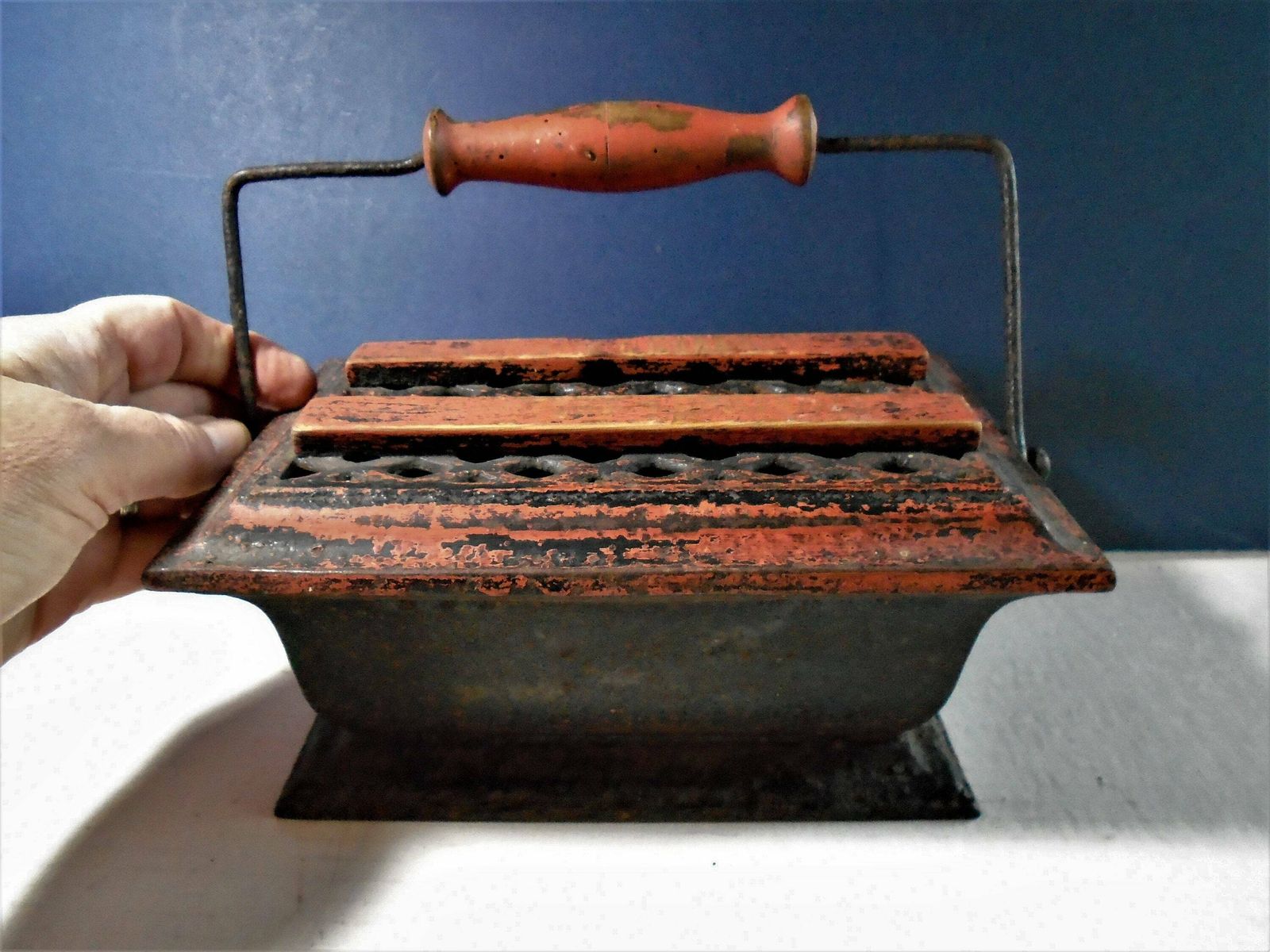 photo for sale Antique French Enameled Cast Iron Foot Warmer, Kitchen Trivet, Fireplace Decor, Rustic Planter