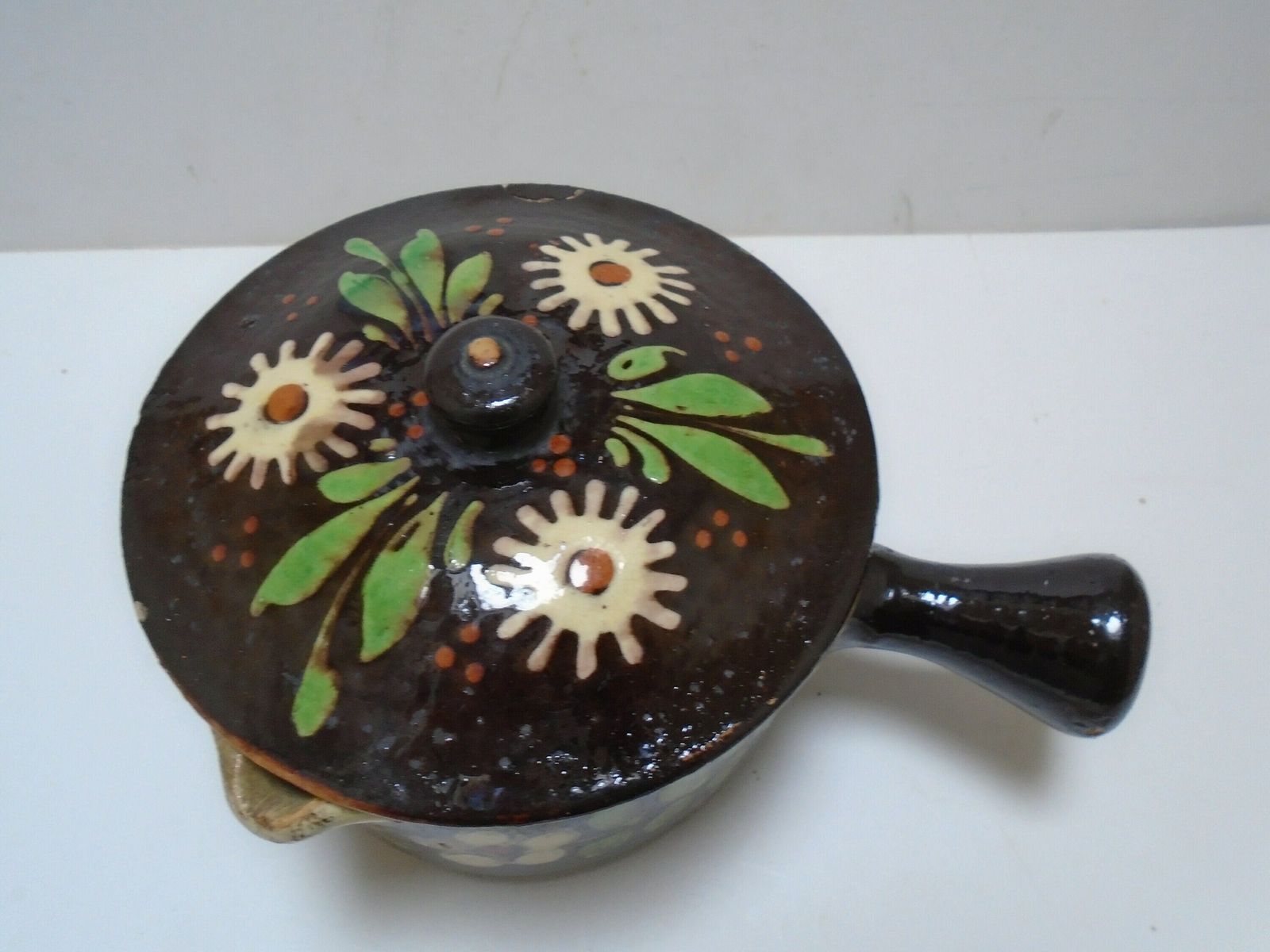 Vintage French Alsace Sauce Pan, Glazed Earthenware Pot, Terracotta Floral Pan photo for sale