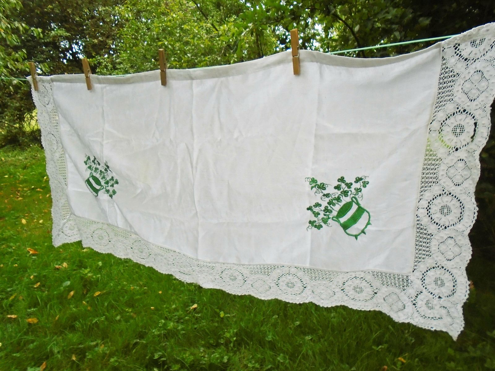 Vintage French White Linen And Lace Fireplace Mantle Dresser, Cantonniere, Table Runner With Green Embroidered Clover