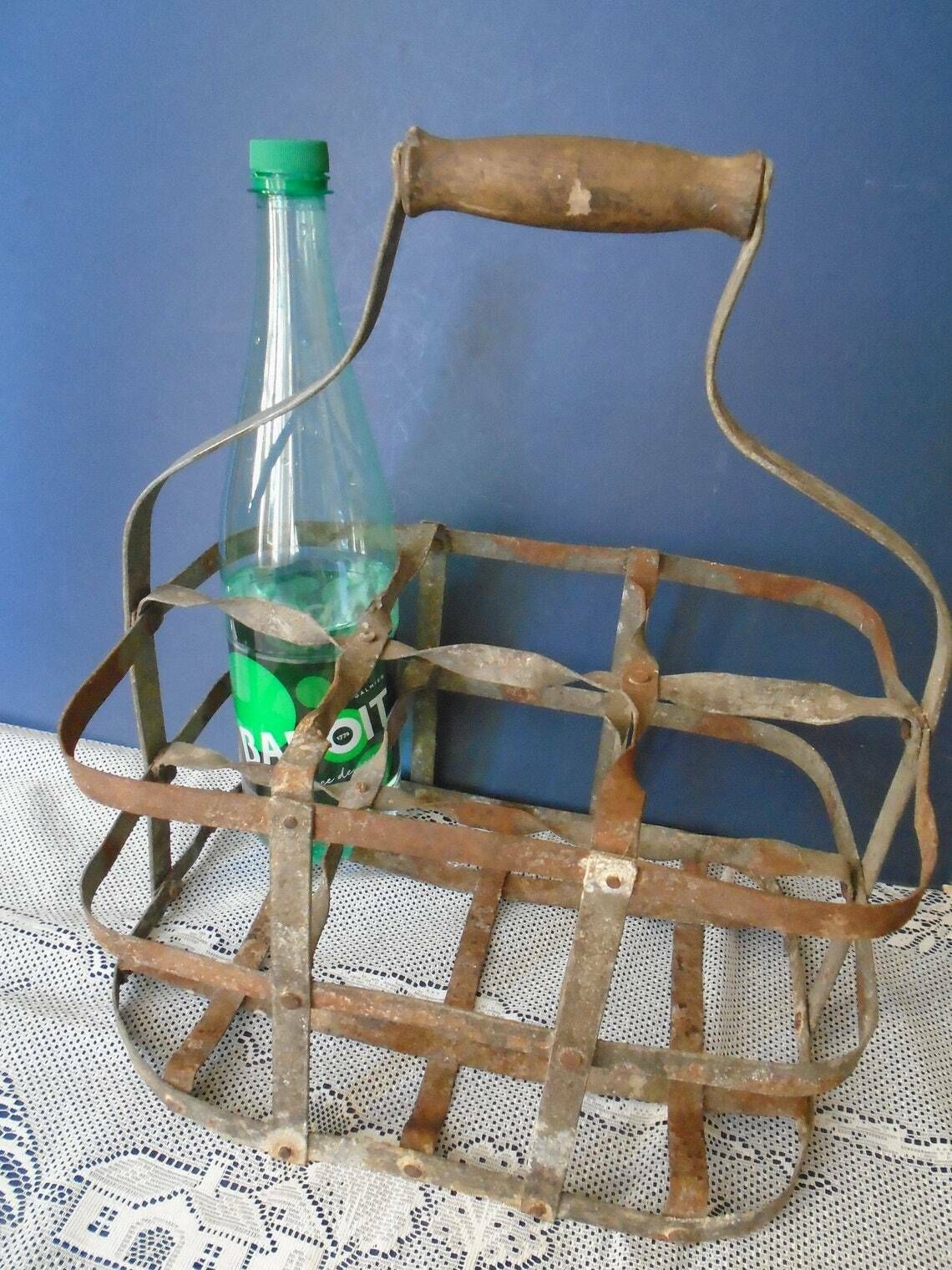 Antique French Galvanized Zinc 6 Bottle Carrier, Tall Metal Bottle Carrying Rack, Rustic Kitchen Rack, Industrial Kitchen photo for sale