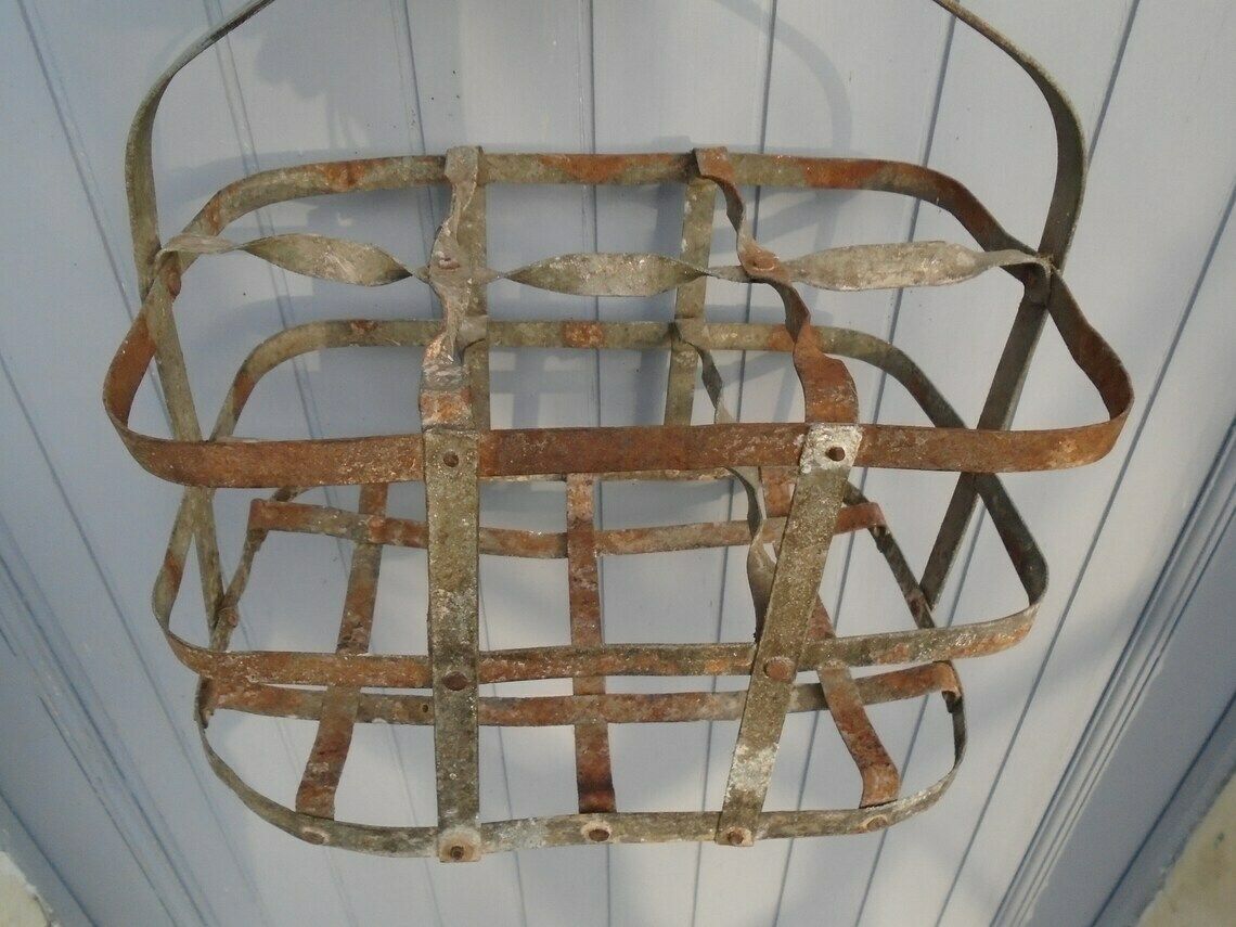 Antique French Galvanized Zinc 6 Bottle Carrier, Tall Metal Bottle Carrying Rack, Rustic Kitchen Rack, Industrial Kitchen photo vinterior