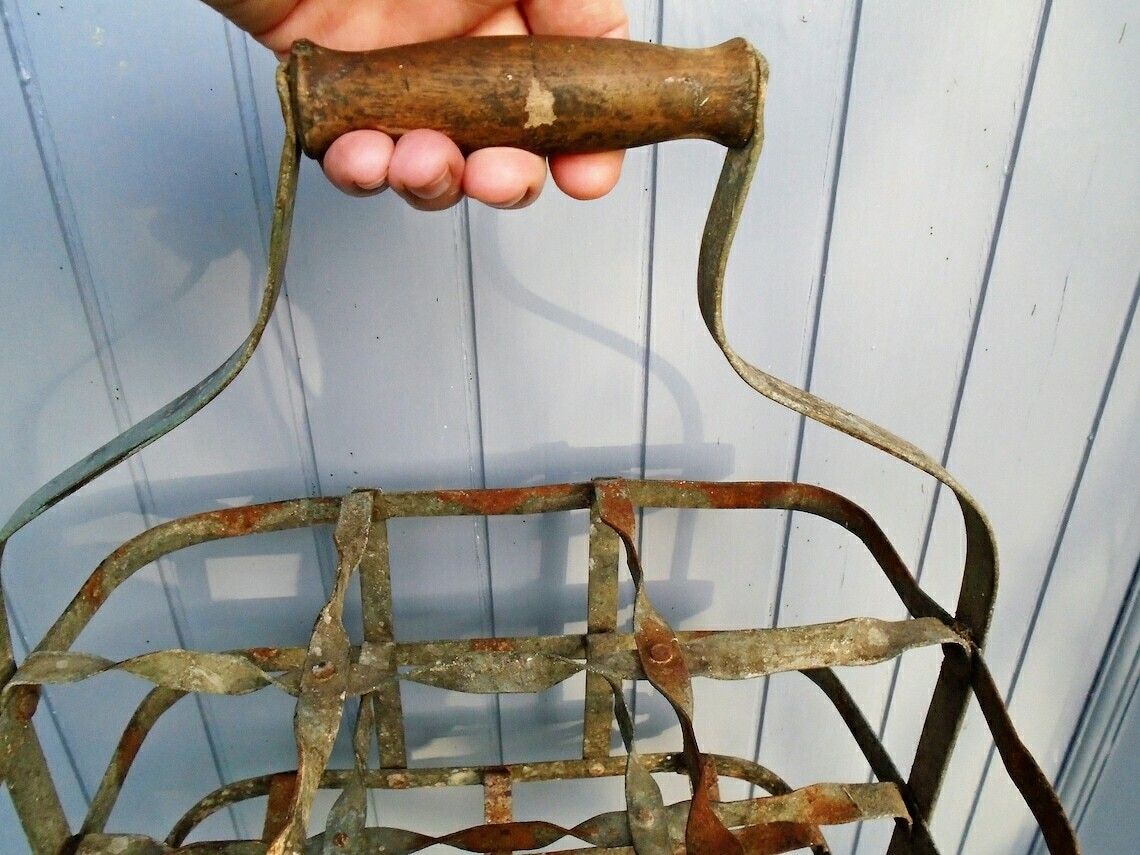 Antique French Galvanized Zinc 6 Bottle Carrier, Tall Metal Bottle Carrying Rack, Rustic Kitchen Rack, Industrial Kitchen photo buy