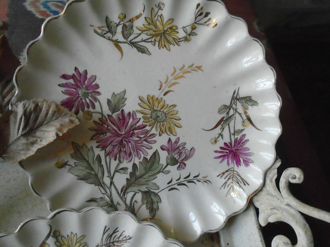 4 Antique French Hand Painted Floral Plates, Gilded, Chrysanthemum Floral Design photo furniture